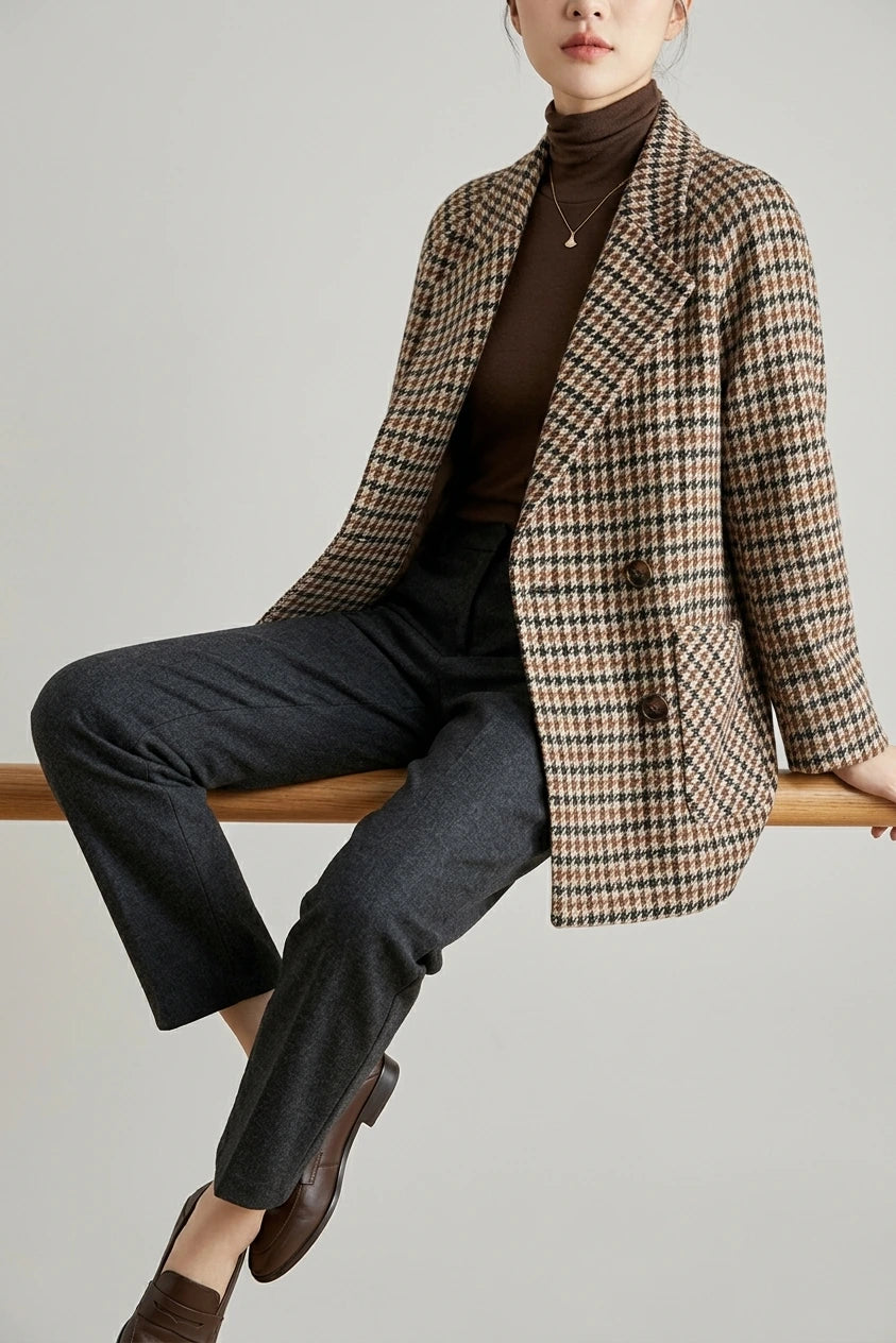 Women's Houndstooth Double-Breasted Blazer Hip-Length — variant_front