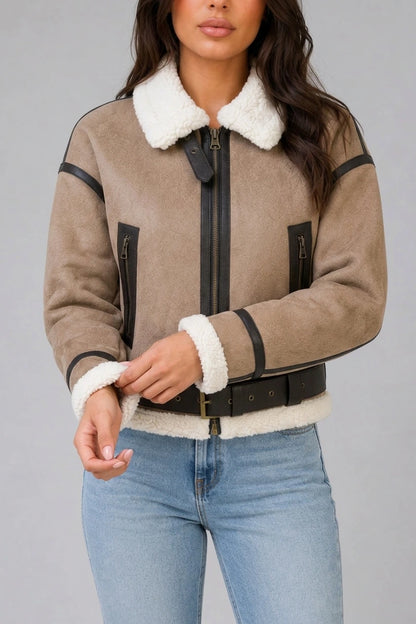 Women's Suede Look Cropped Aviator Jacket – Teddy Lined Biker Coat — variant_front