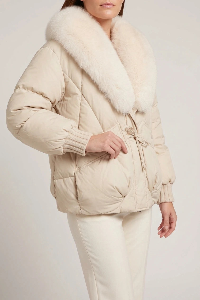 Beige Padded Puffer Jacket Oversized Collar — variant_front