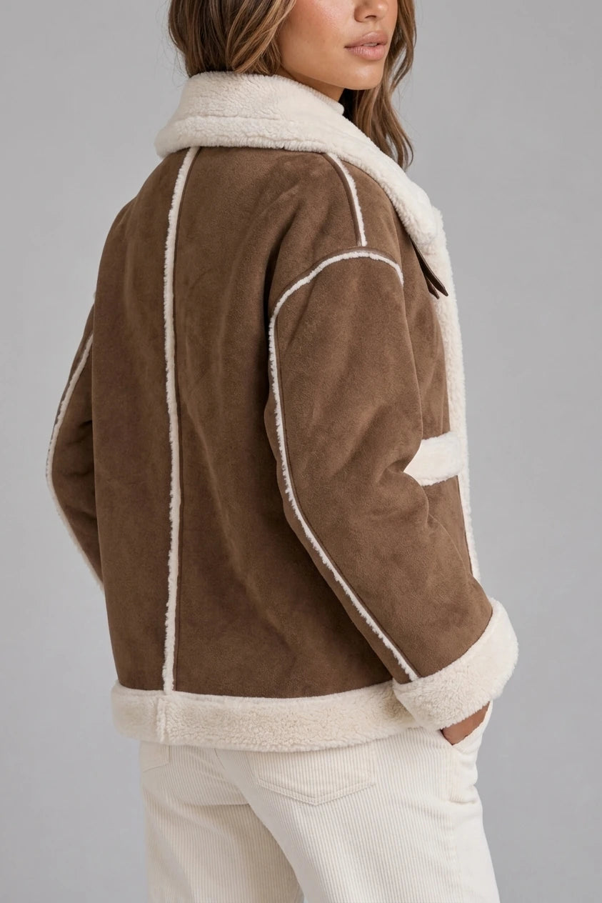 Women’s Faux Shearling Suede Look Jacket – Aviator Style Coat — variant_front
