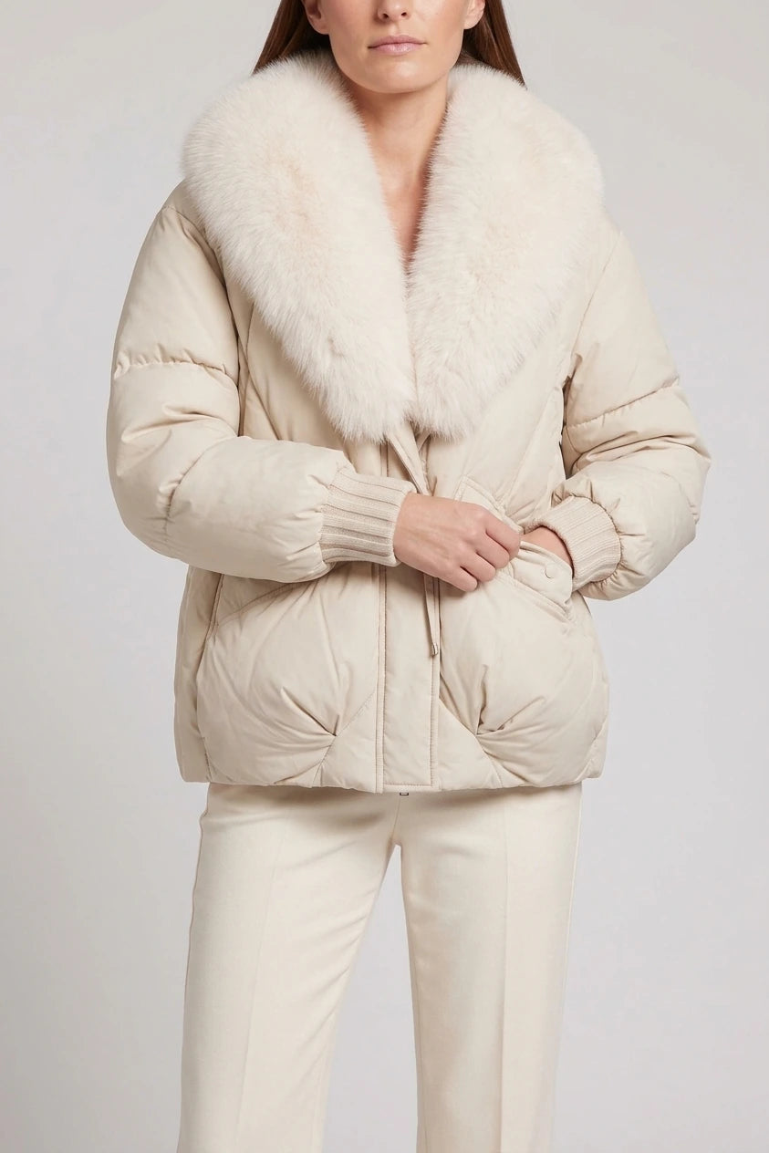 Beige Padded Puffer Jacket Oversized Collar — variant_front