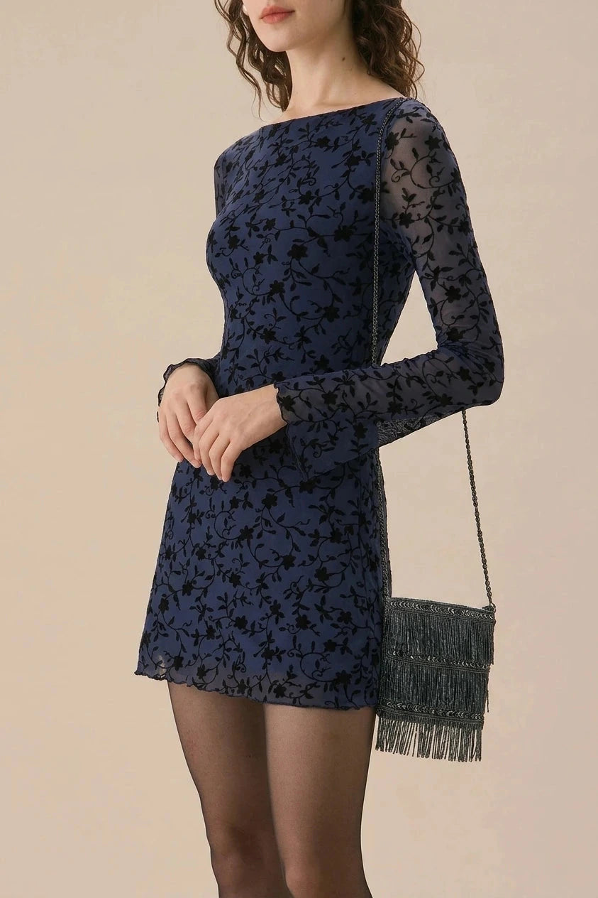 Blue See-Through Long Sleeve Mini Dress With Boat Neck And Flocked Floral Mesh