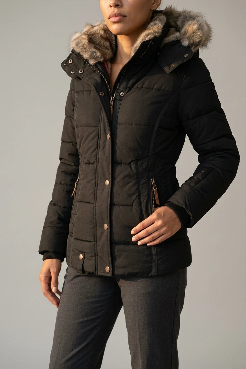 Fitted Hooded Puffer Jacket with Fur Collar Lining — variant_front