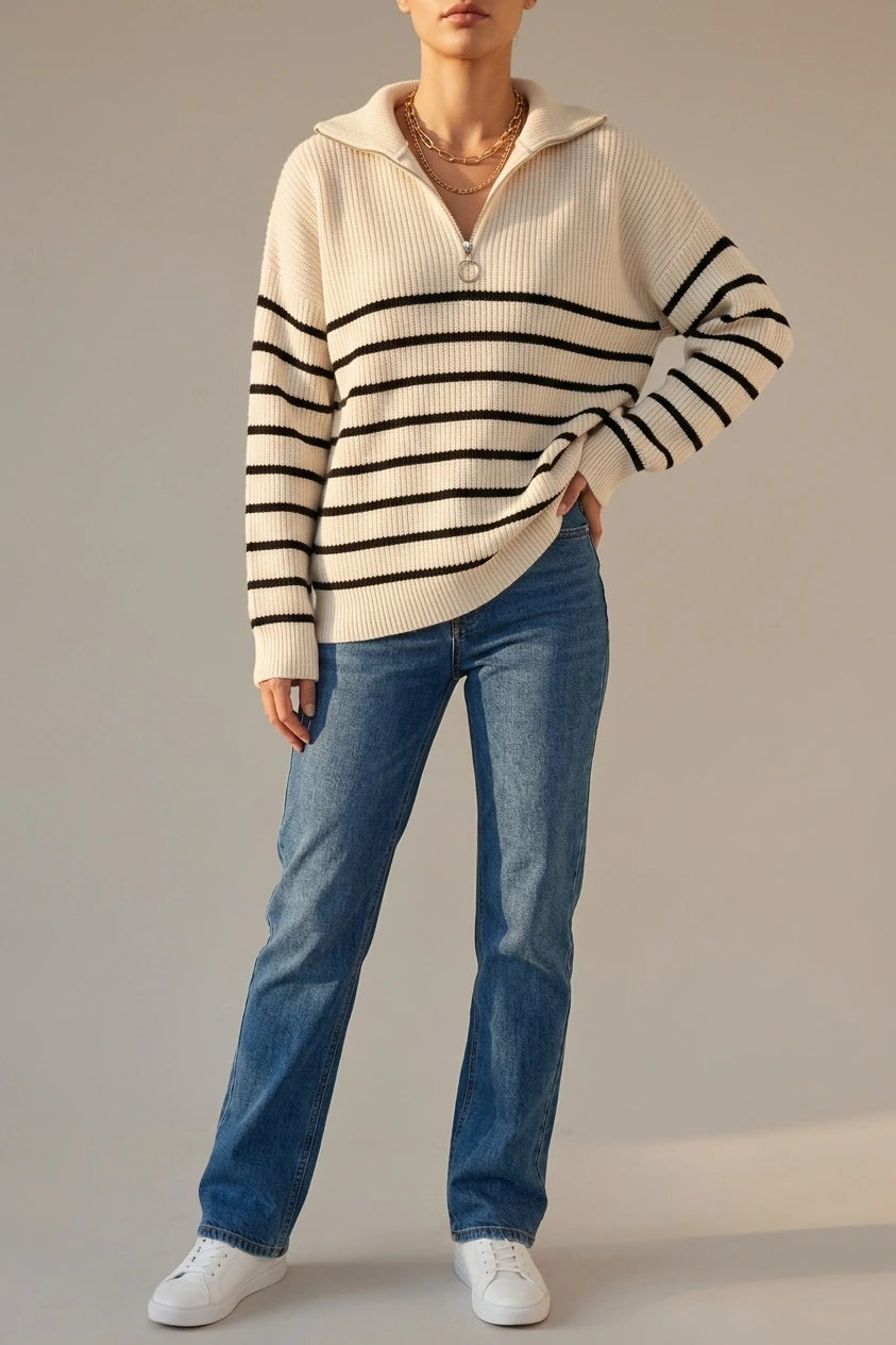 Women's Striped Ribbed Jumper with Zip Neckline — variant_front