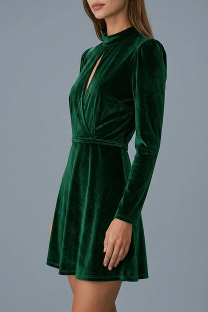 Stand Collar Cut Out Velvet Mini Dress With Long Sleeves And Wrap Waist