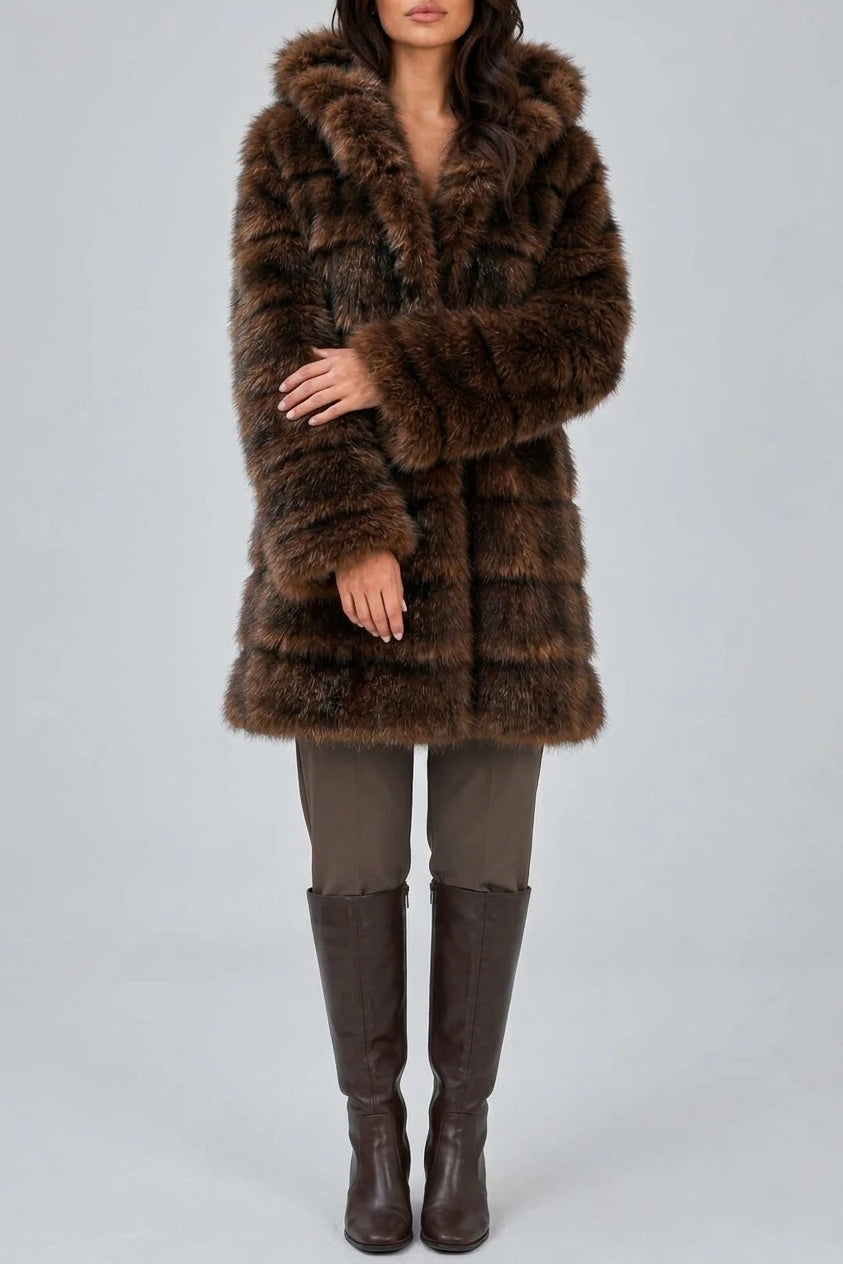 Women’s Hooded Faux Fur Coat – Plush Panelled Winter Jacket — variant_front