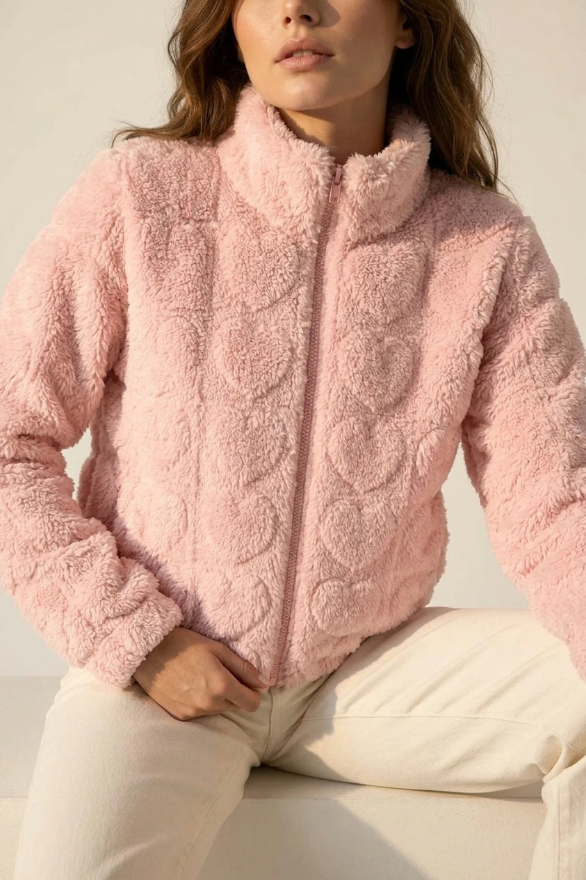 Pink Heart Teddy Fleece Zip Up Jacket — variant_front