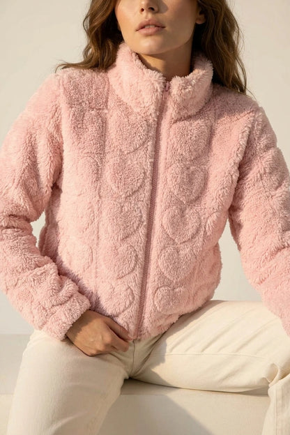 Pink Heart Teddy Fleece Zip Up Jacket — variant_front