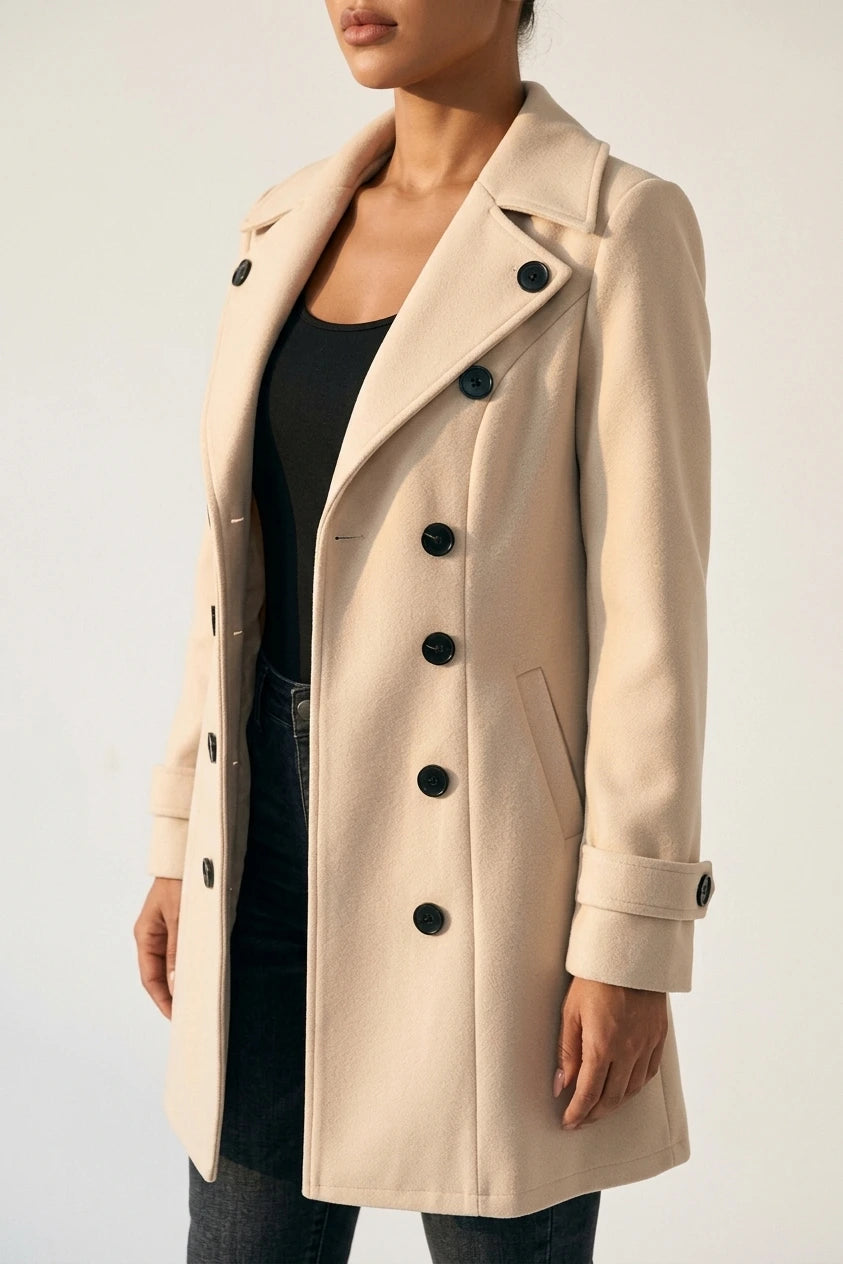 Notched Lapel Buttoned Decor Open Front Coat — variant_front