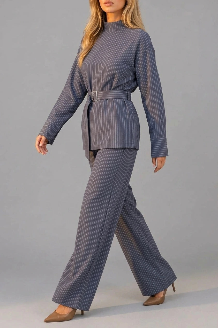 Women’s Pinstripe Two-Piece Set – High Neck Top & Wide Leg Trousers — variant_front