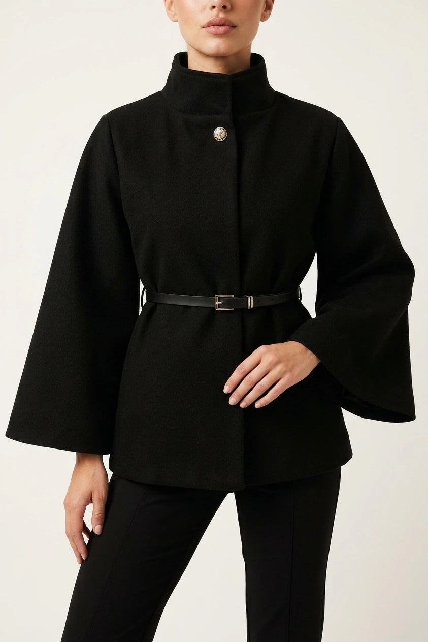 Women’s Belted Cape Jacket – High Neck Flared Sleeve Coat — variant_front