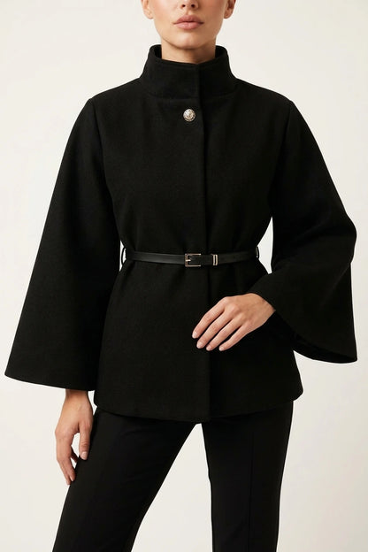 Women’s Belted Cape Jacket – High Neck Flared Sleeve Coat — variant_front