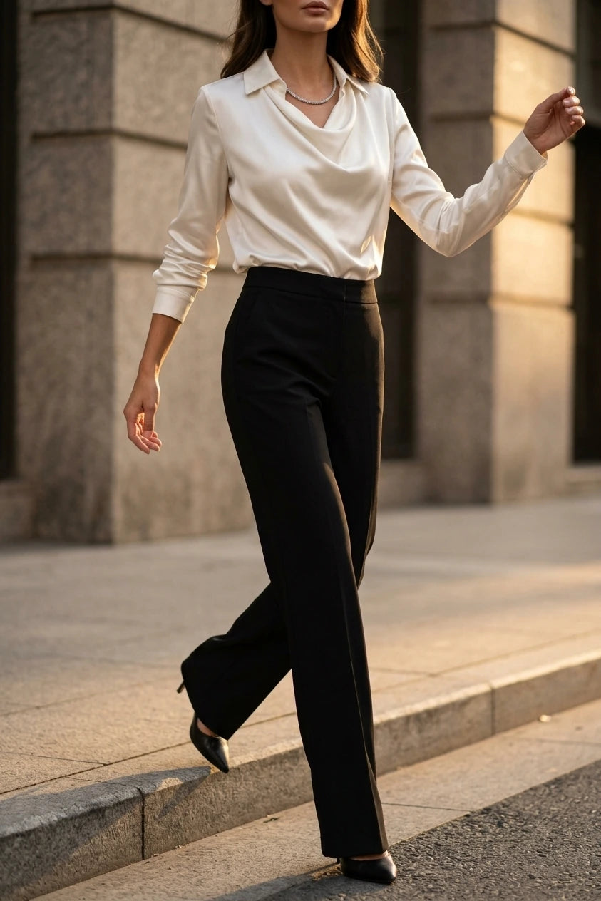 Elegant Satin Blouse with Draped Neckline and Classic Collar — variant_front