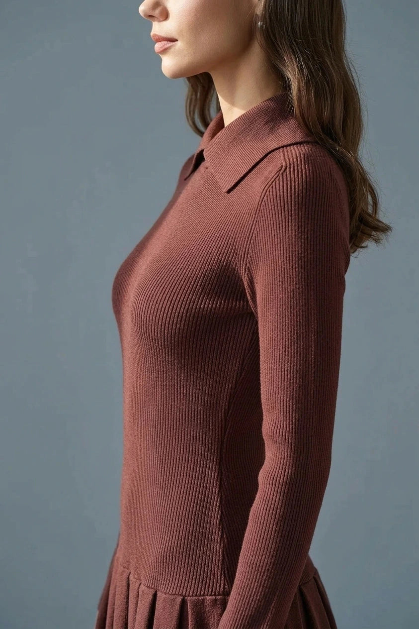 Coffee A-Line Pleated Sweater Dress Collared Long Sleeve Knit Mini