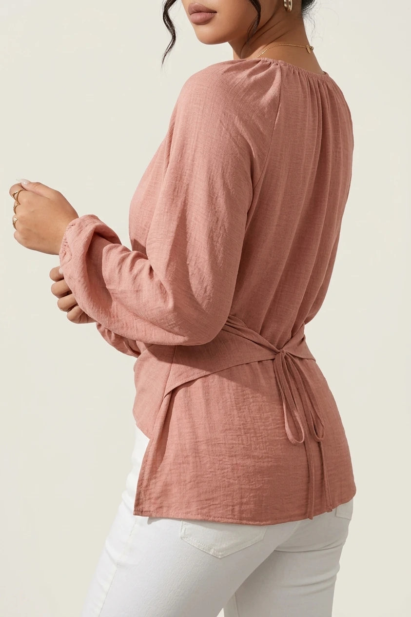 Round Neck Long Sleeves Criss Cross Lace-Up Blouse — variant_front