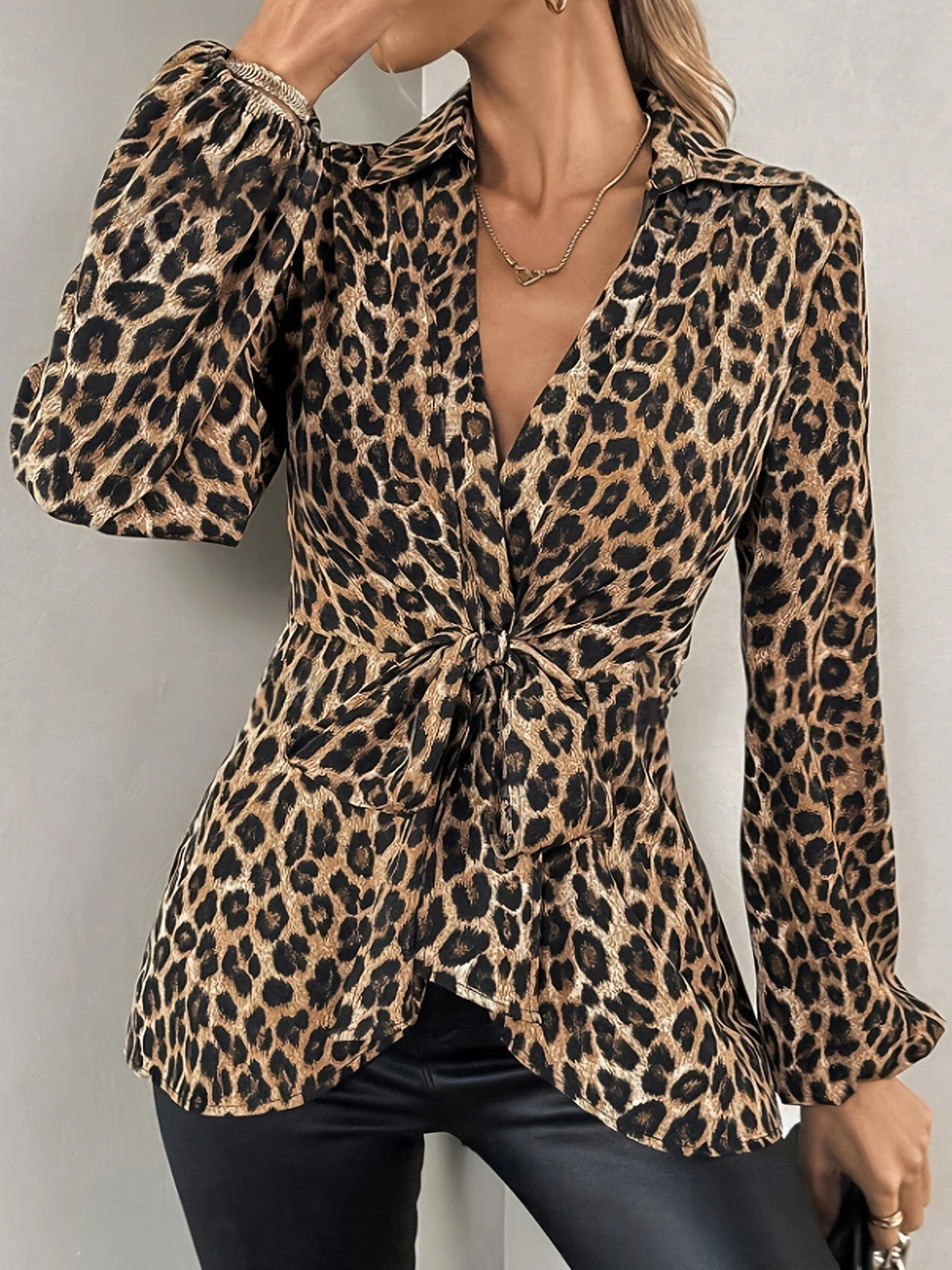 Leopard Print Wrap Blouse with Tie Waist Office to Evening Long Sleeves Top — gallery_03.webp