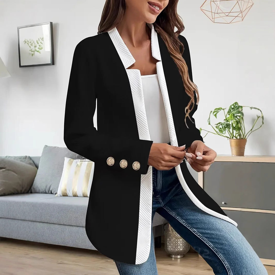 Polished Open Front Blazer with Contrast Trim and Gold Buttons — variant_front