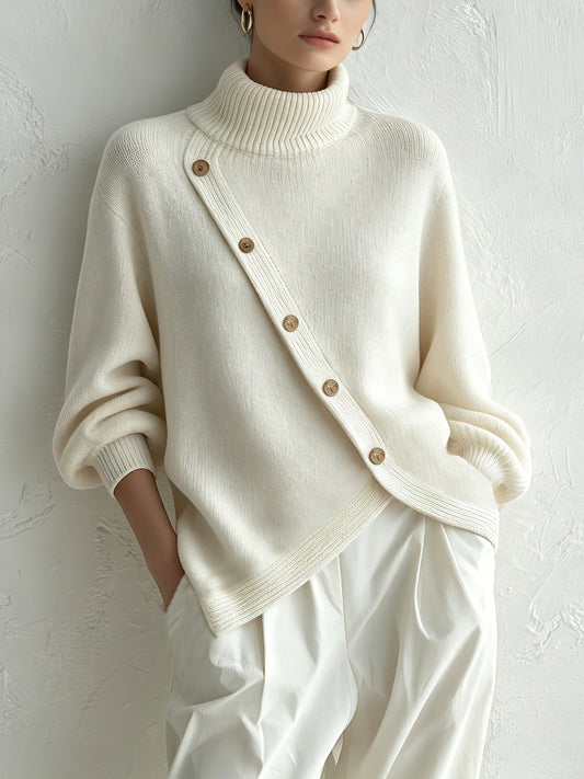 Oversized Turtleneck Sweater with Diagonal Wood Buttons, Relaxed Fit — variant_front