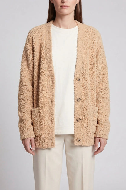 Beige Plush Cardigan Soft Knit — variant_front