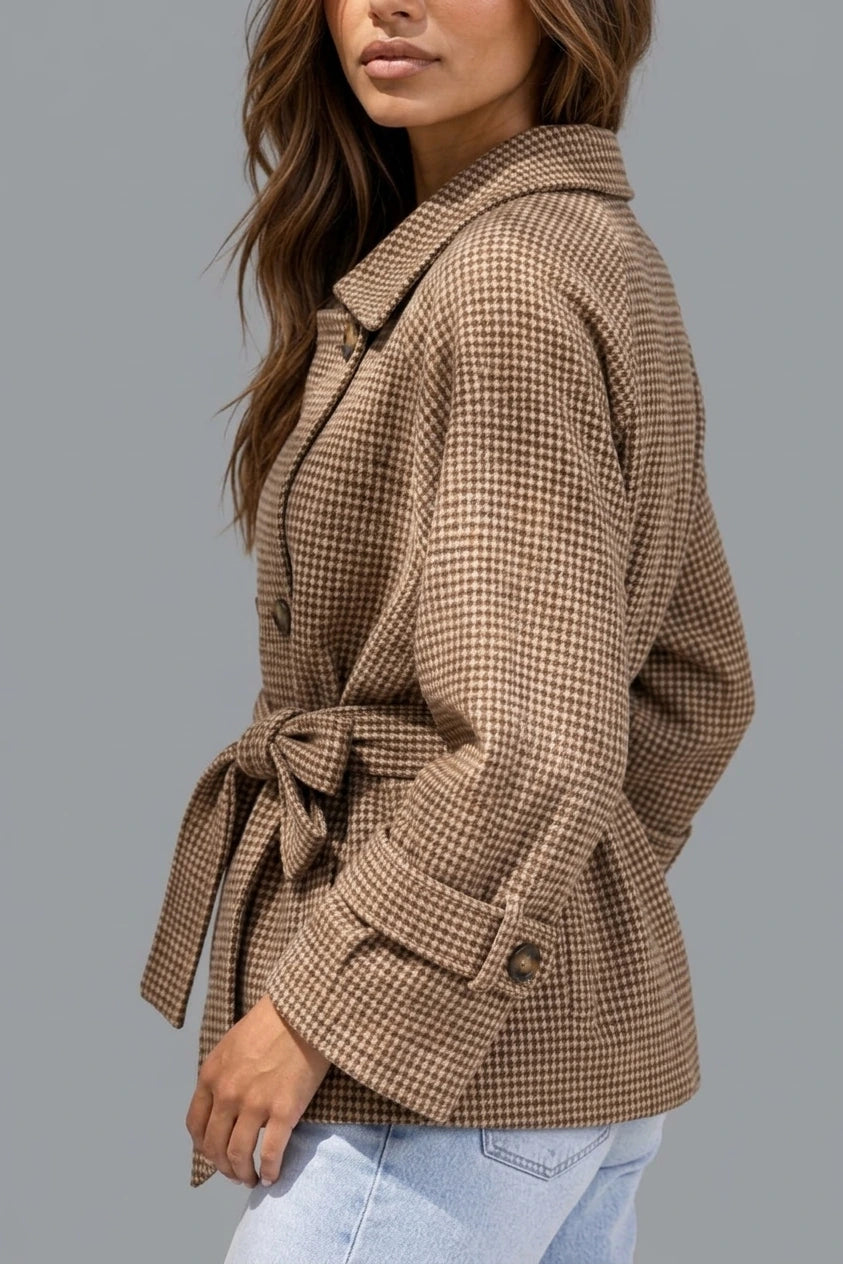 Women’s Short Trench Coat – Double Breasted Belted Jacket with Check Pattern — variant_front
