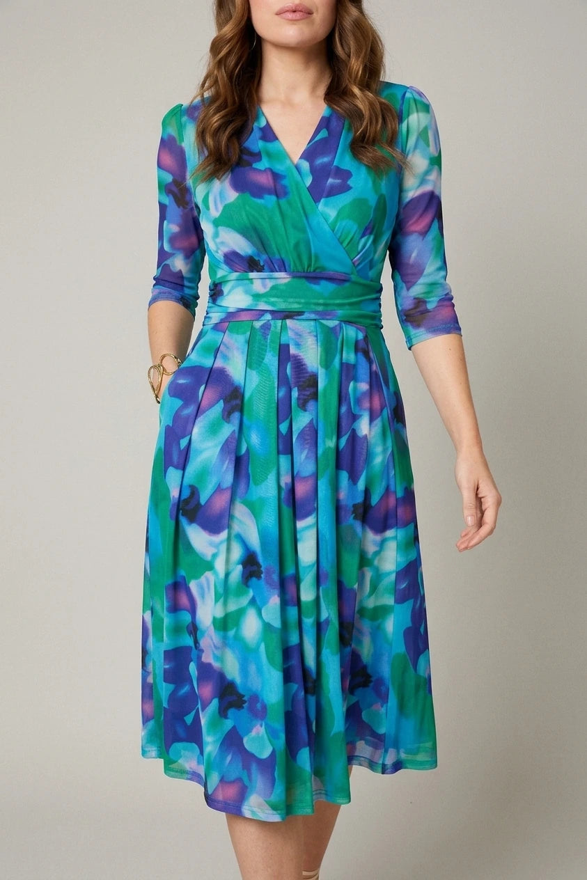 Printed Short Sleeve Pleated Wrap Midi Dress — variant_front