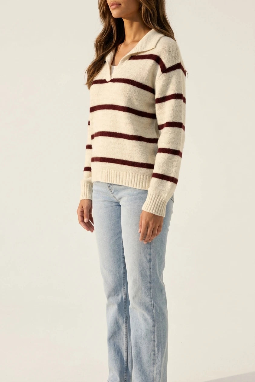 Women's Wool Striped Jumper, Collared V-Neck Long Sleeve Knit — variant_front