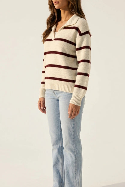 Women's Wool Striped Jumper, Collared V-Neck Long Sleeve Knit — variant_front