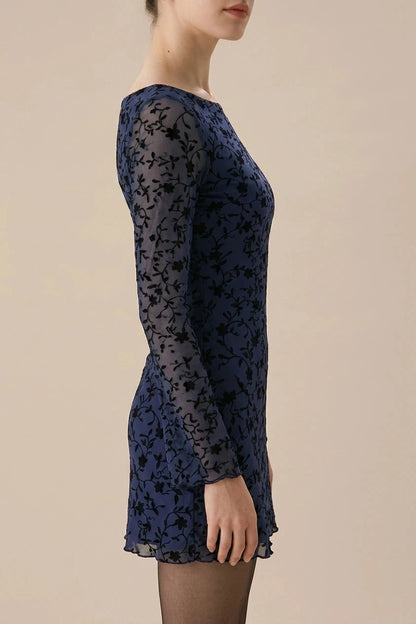 Blue See-Through Long Sleeve Mini Dress With Boat Neck And Flocked Floral Mesh