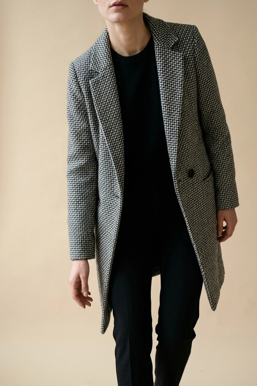 Grey Classic Houndstooth Wool Coat with Printed Lining — variant_front