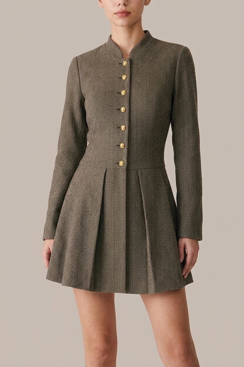 Button Pleated Mini Dress With Gold Button Detail Long Sleeve Fitted Waist