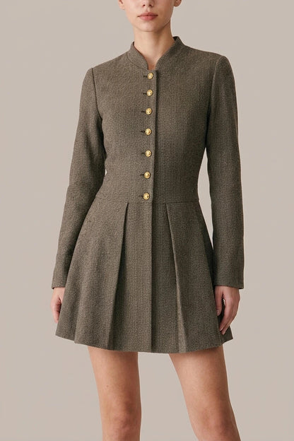 Button Pleated Mini Dress With Gold Button Detail Long Sleeve Fitted Waist