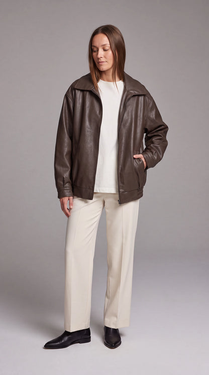 Brown Faux Leather Oversized Bomber Jacket — gallery_01.webp
