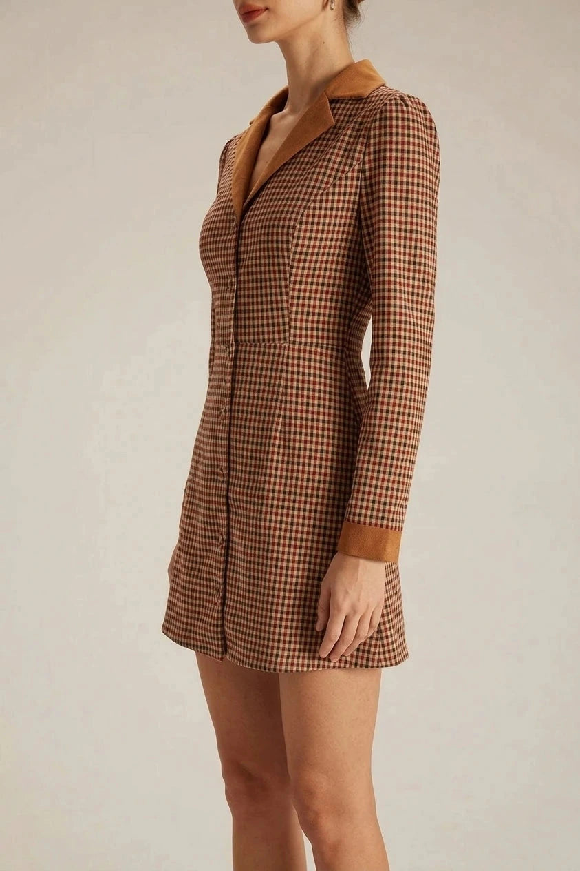 Plaid Spliced Suede Mini Dress With Contrast Collar, Long Sleeves And Button Front