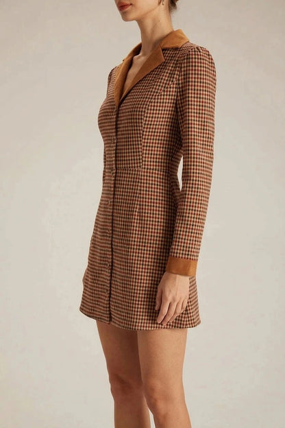 Plaid Spliced Suede Mini Dress With Contrast Collar, Long Sleeves And Button Front