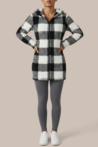 Women's Autumn/Winter Two-Tone Black/White Coffee Gray/White Plaid Long Sleeve Zip-Up Warm Hooded Jacket — variant_front