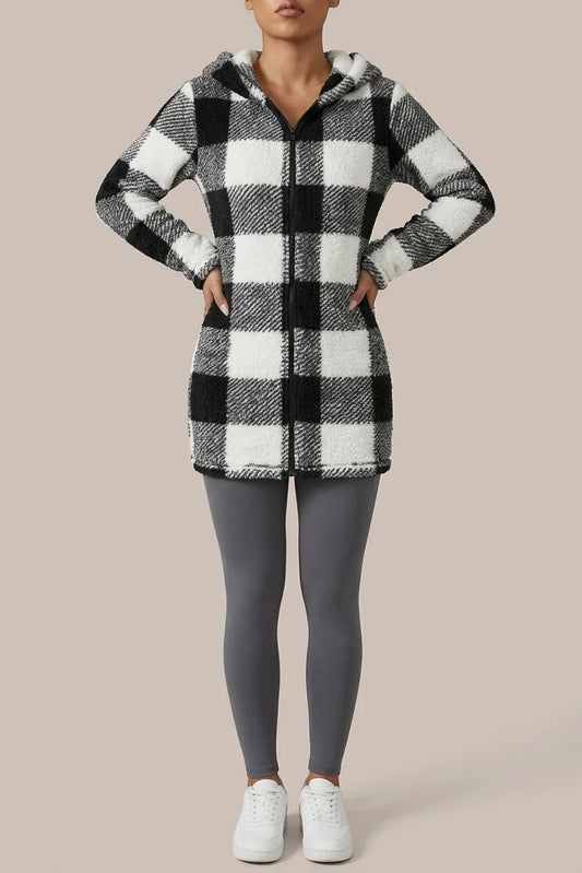 Women's Autumn/Winter Two-Tone Black/White Coffee Gray/White Plaid Long Sleeve Zip-Up Warm Hooded Jacket — variant_front