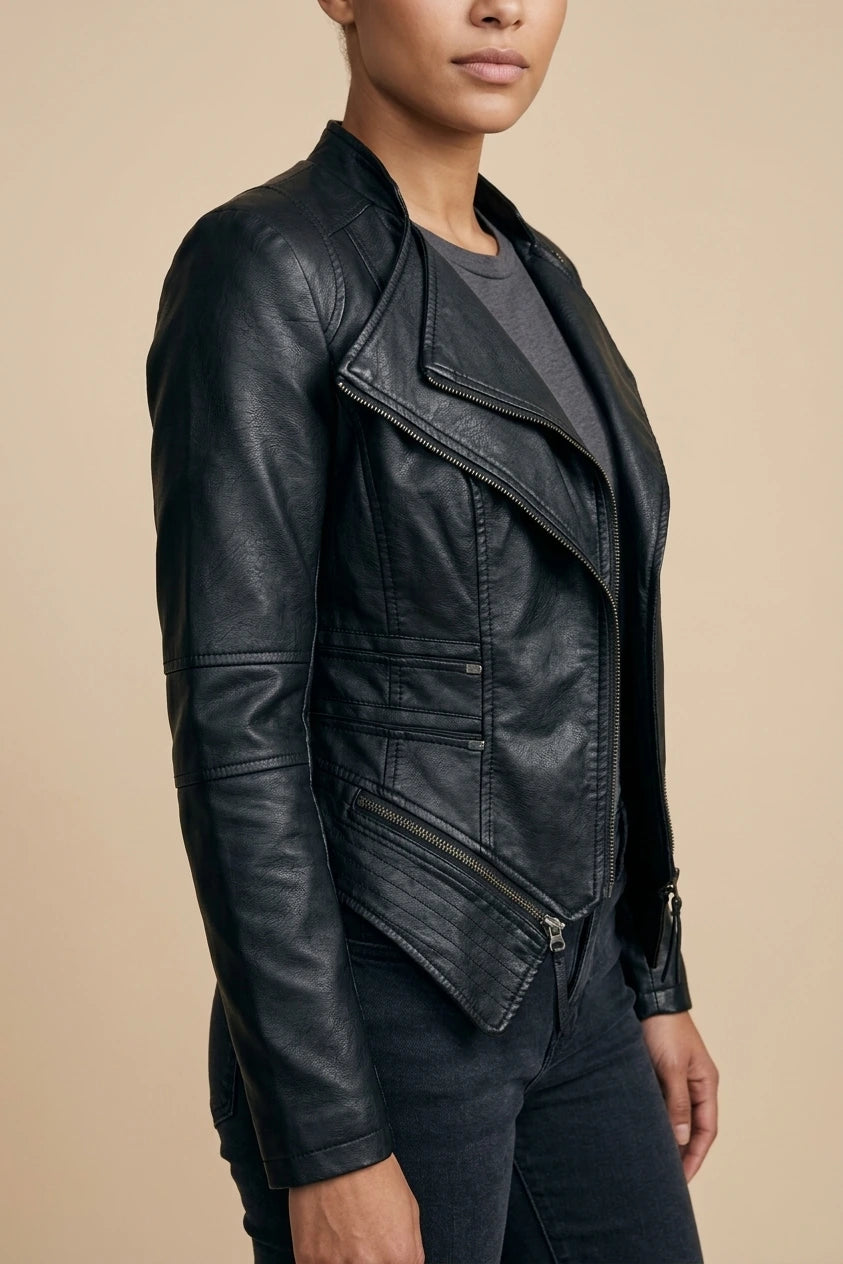 Drune | Damen Schwarze Asymmetrische PU-Leder Bikerjacke — variant_front
