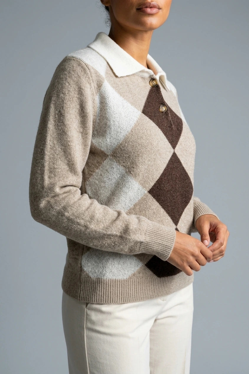Women’s Argyle Collared Jumper – Button Neck Long Sleeve Knit Sweater — variant_front