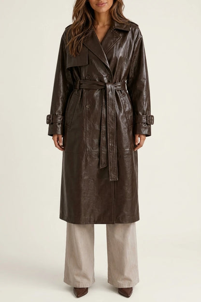 Women’s Leather Look Trench Coat – Long Double Breasted Belted Jacket — variant_front