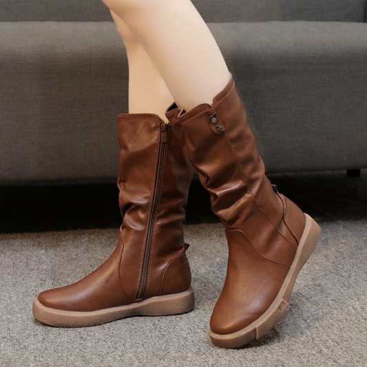 Slouchy Mid-Calf Leather Boots with Chunky Flat Sole, Everyday Fit — variant_front