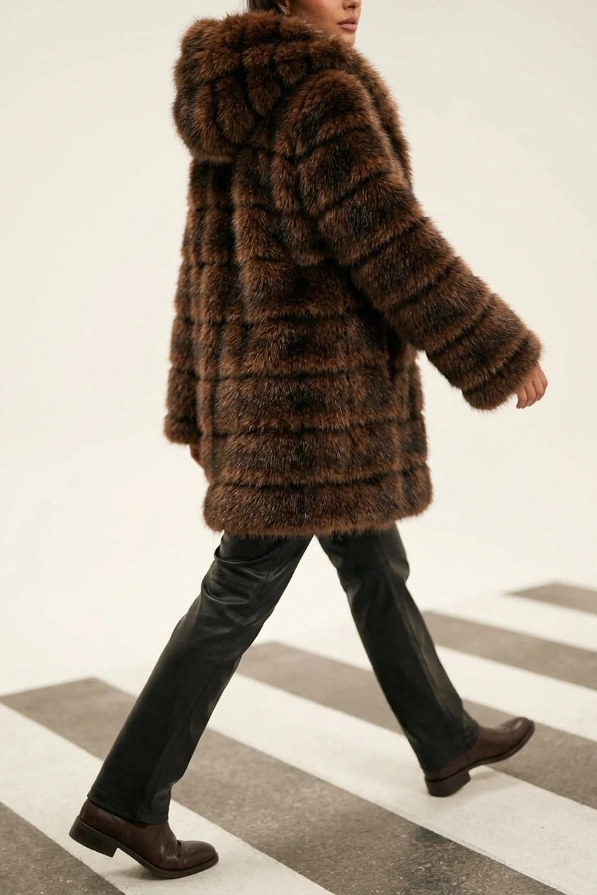 Women’s Hooded Faux Fur Coat – Plush Panelled Winter Jacket — variant_front