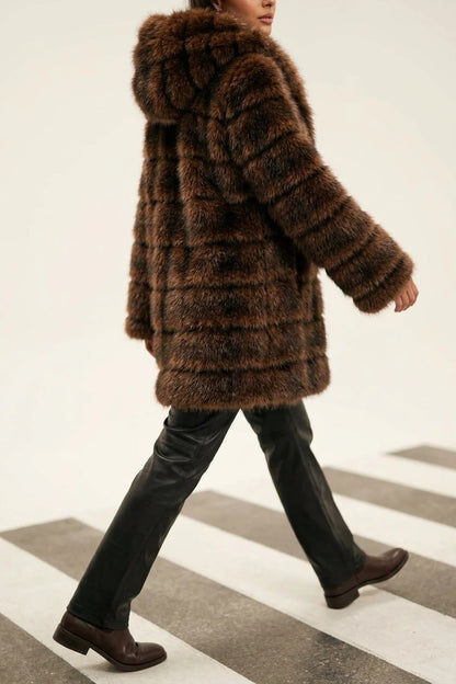 Women’s Hooded Faux Fur Coat – Plush Panelled Winter Jacket — variant_front