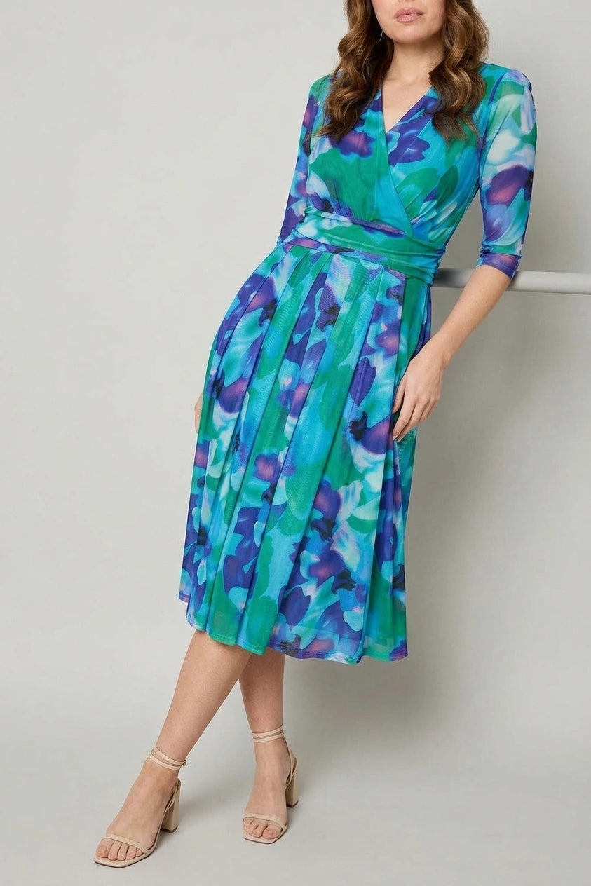 Printed Short Sleeve Pleated Wrap Midi Dress — variant_front