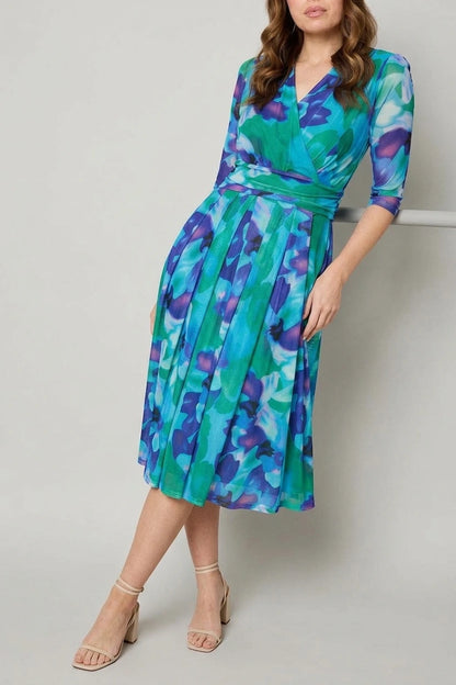 Printed Short Sleeve Pleated Wrap Midi Dress — variant_front