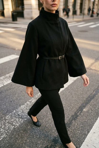 Women’s Belted Cape Jacket – High Neck Flared Sleeve Coat — variant_front