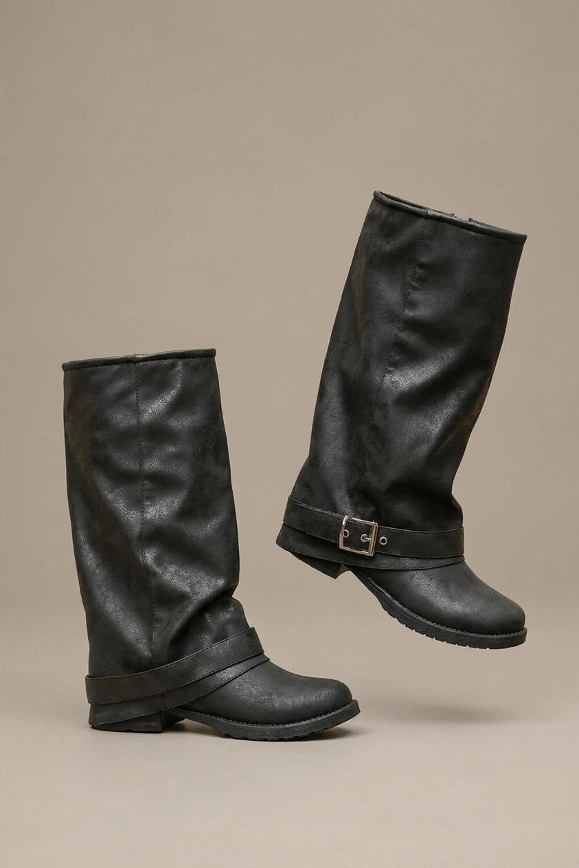 Black Slouch Boots Buckle Strap — variant_front