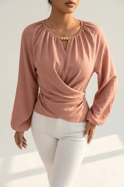 Round Neck Long Sleeves Criss Cross Lace-Up Blouse — variant_front