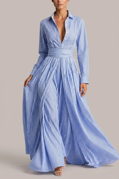 Women’s Cotton Striped Shirt Maxi Dress – Cinched Waist Flowing Style — variant_front