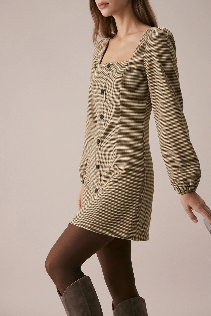 Square Neck Plaid Button Mini Dress With Long Puff Sleeves