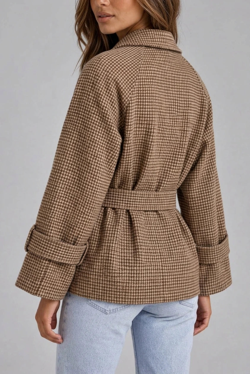 Women’s Short Trench Coat – Double Breasted Belted Jacket with Check Pattern — variant_front